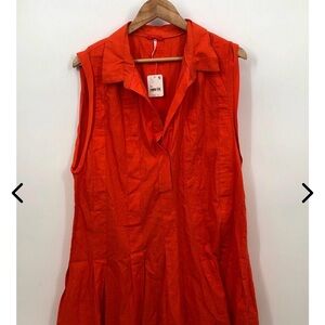 Free People Naomi Pleated Cotton Mini Dress Tangerine Tango Size xl
